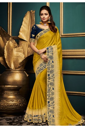 Yellow satin embroidered saree with blouse  10612